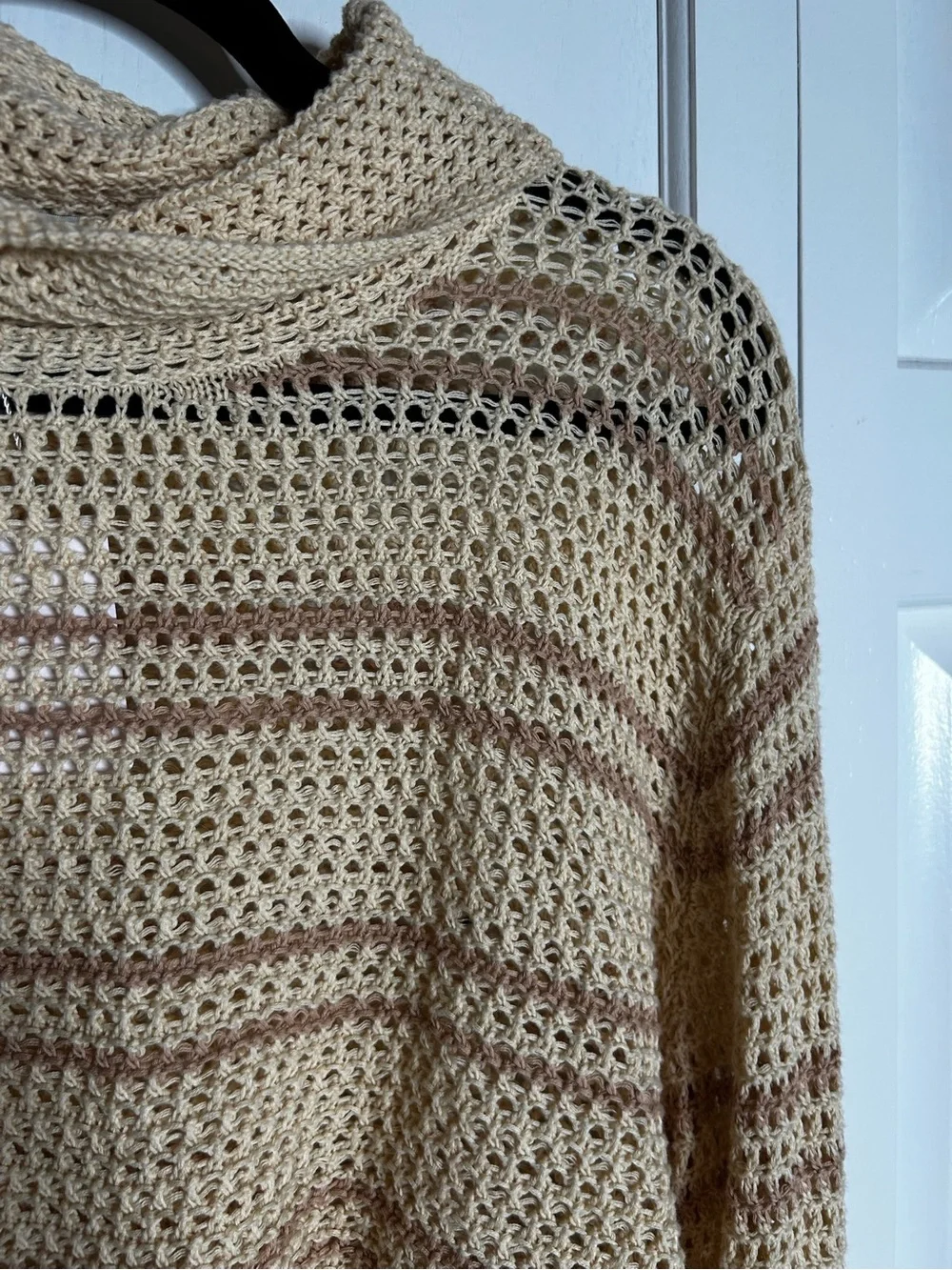 Free People Cropped Open-Knit Turtleneck Sweater in Beige and Brown